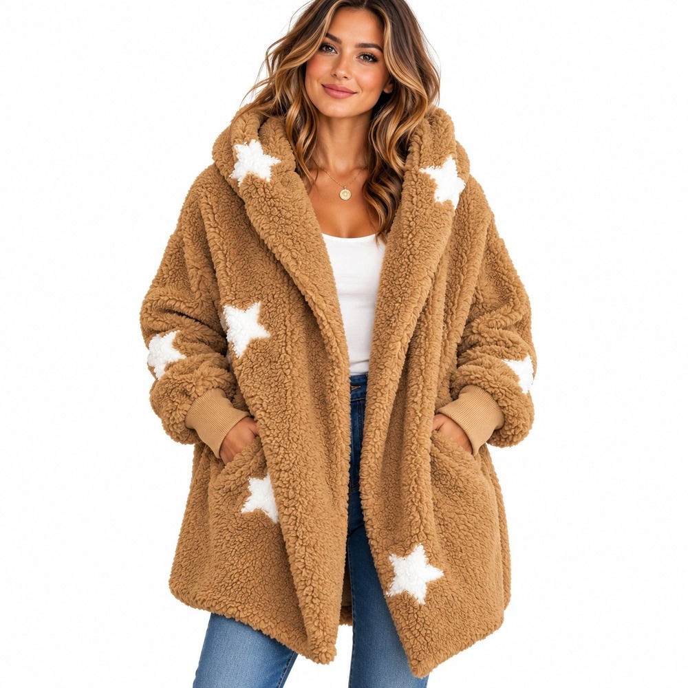 G.I.L.I. Sherpa Star Hooded Cardigan Womens M/L Brown White Celestial Cozy